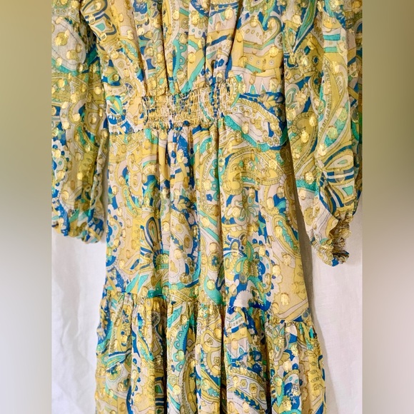 Shoshanna Silk + Metallic Acelind Midi Dress Size 10 Yellow + Blue - Picture 2 of 8